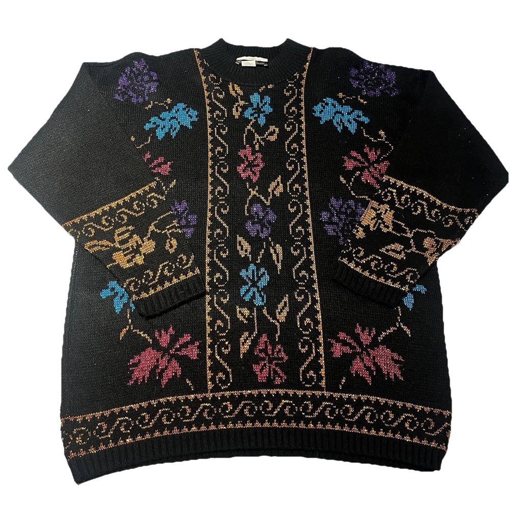 VTG Dana Scott Knit Sweater Black Metallic Floral, Women's L,‎ Y2K, 90's,